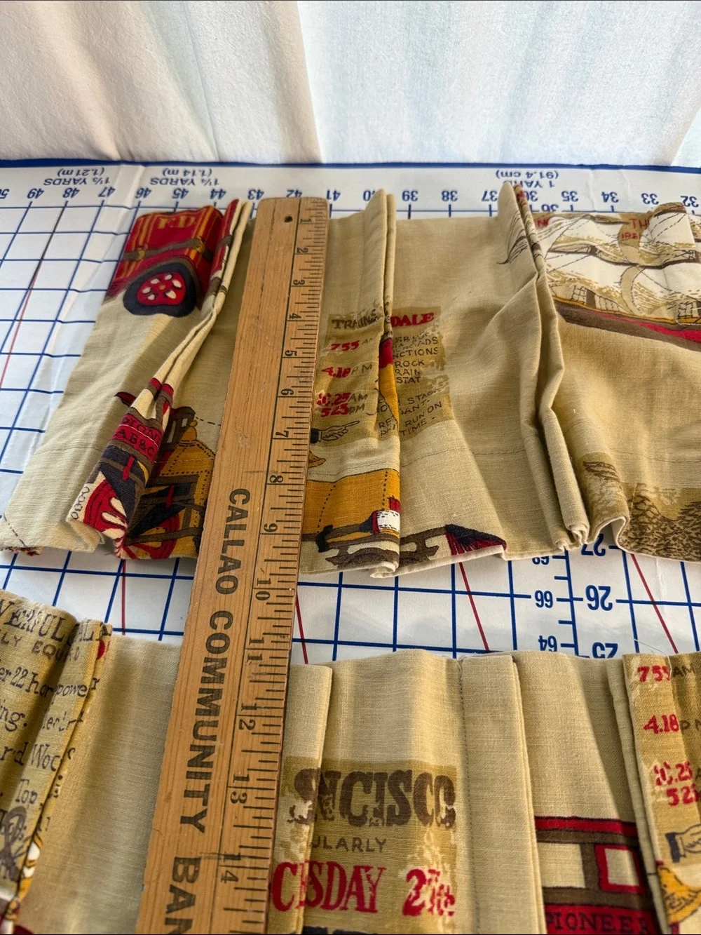 Vintage Mid Century Novelty Kitchen Curtain Set Cars Trains Ships Fire Engines